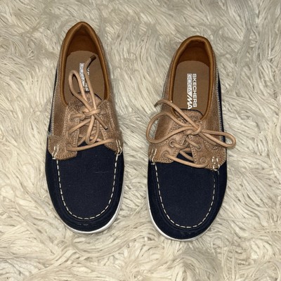 Sz 5.5 Skechers Women's Goga Max Navy Boat Shoes with Tan Leather Accents