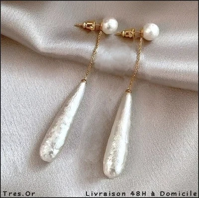 BOUCLES D'OREILLE LONGUES PERLES NACRÉES CHAÎNE BIJOUX NEUFS LIVRÉS 48H DOMICILE - Photo 1/4