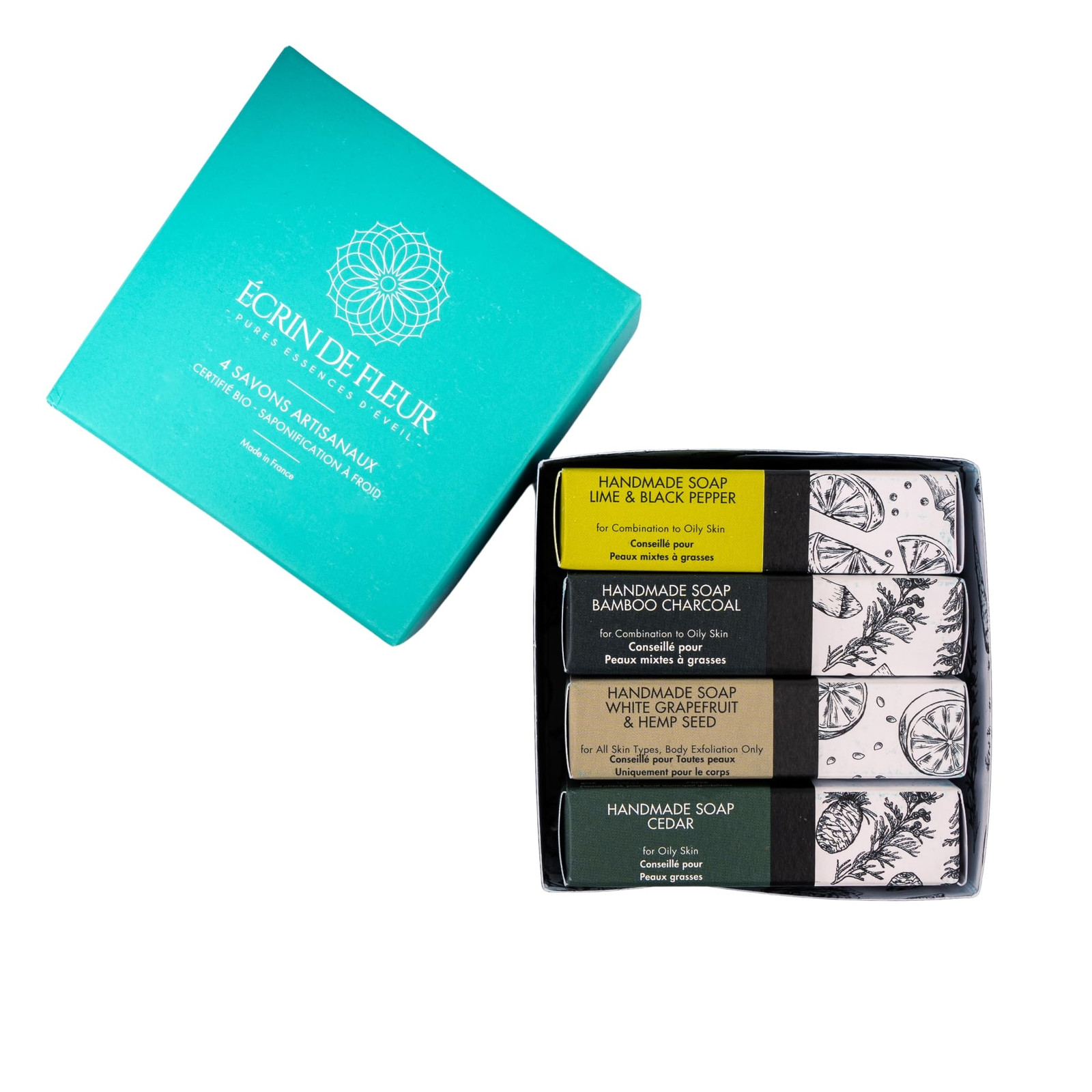 ÉCRIN DE FLEUR - Sapone da uomo biologico confezione da 4 (cedro 1x90g, (e4l)