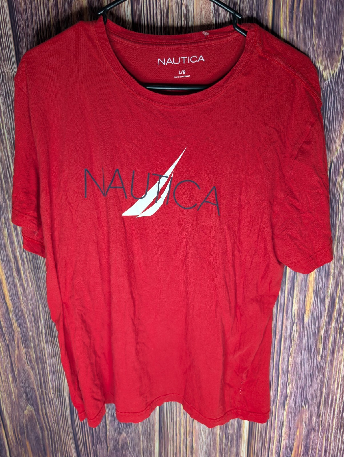 Nautica T-Shirt Men's Large Red Spellout Sail Logo Short Sleeve Crewneck Casual