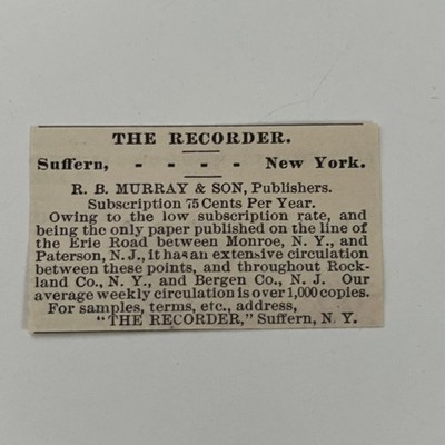 The Recorder RB Murray & Son Publishers Suffern NY 1890 Newspaper Ad SAI9-S55
