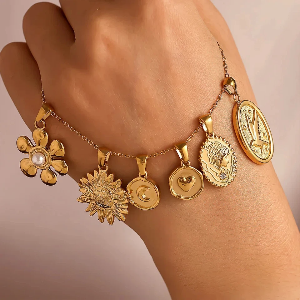 Edelstahl Anhänger Blumen Mond Kreis Modeschmuck Damen vergoldet - Bild 4 von 4