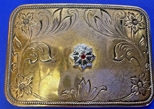 Flower with Red Stone 10K Gold Plated Engraved Swirl Accents Vintage Belt Buckle