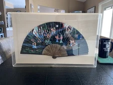 Vintage Framed Chinese Hand Painted Hand Fan Chinese Characters 21" x 14"