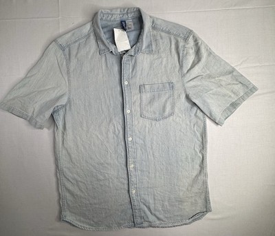 H&M Divided Men's M Blue Solid Cotton Denim Button-Up Shirt Short Sleeve Pocket
