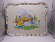 Vtg Litho Tin Tea Tray - Dutch Boy  Girl w/Goats/Alps/House, Floral  Heart Bor