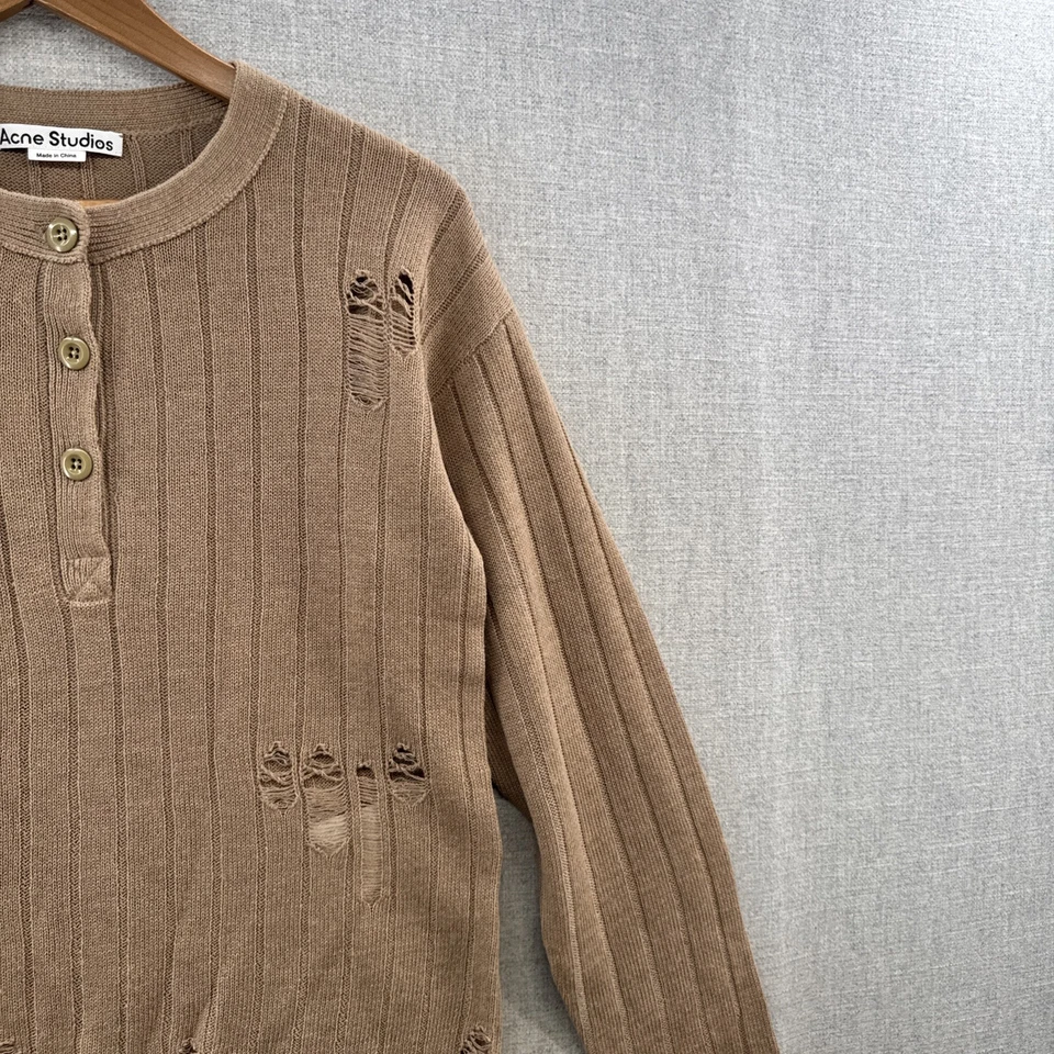 Suéter Henley Acne Studios Kenjen Distressed Rib XS Marrón Grunge Lino Lana* Foto 3 de 4