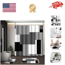 Grey Geometric Shower Curtain Set with Toilet Lid Cover and Non-Slip Rugs for...