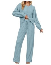 Womens Lounge Set Cute Long Sleeve Pajama Sets Casual 2 Piece Small Light Blue