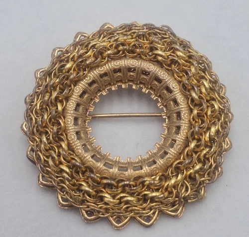 Miriam Haskell Signed Gold Tone Wreath Brooch Vintage Estate MCM Round Intricate