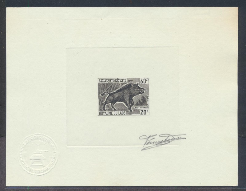 Laos 203 1970 20k Wild Boar artist signed sepia proof 