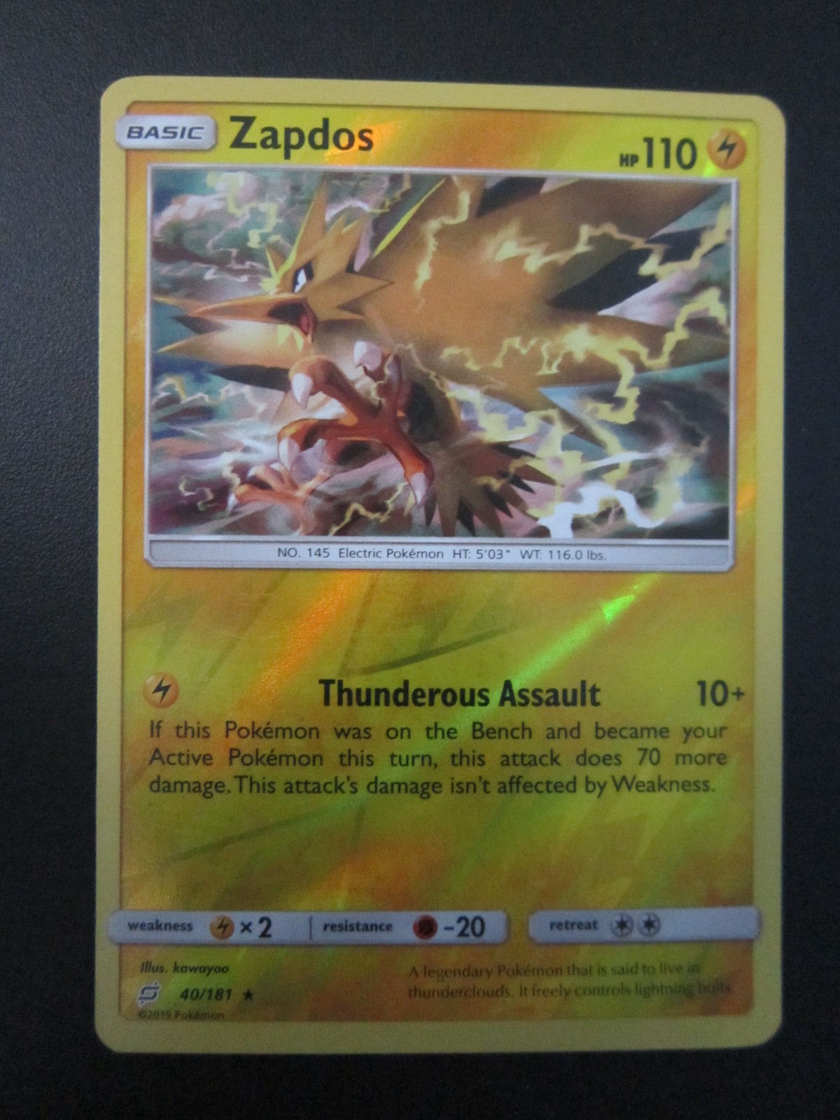 ZAPDOS REVERSE HOLO POKEMON CARD 40/181 TEAM UP NEVER PLAYED EX+ NM-