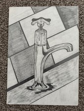 A4 Pencil Art Hand Drawn Original Drawing Sketch of Old Fashioned Household Tap.