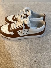 $1,100 PRADA - "DOWNTOWN" White/Camel Leather Sneakers With Logo Detail - 10 US