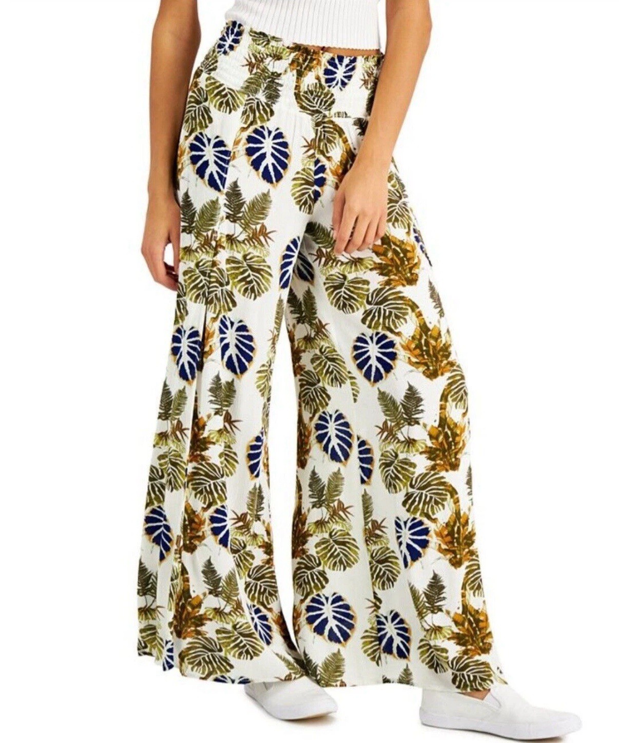 REWASH Smocked Wrap Wide Leg Pants Palm Print XL Boho Gypsy Beach Vacation EUC