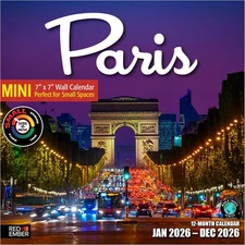 RED EMBER Paris 2026 Mini Wall Calendar 12 7"x14", 01A France 2026 