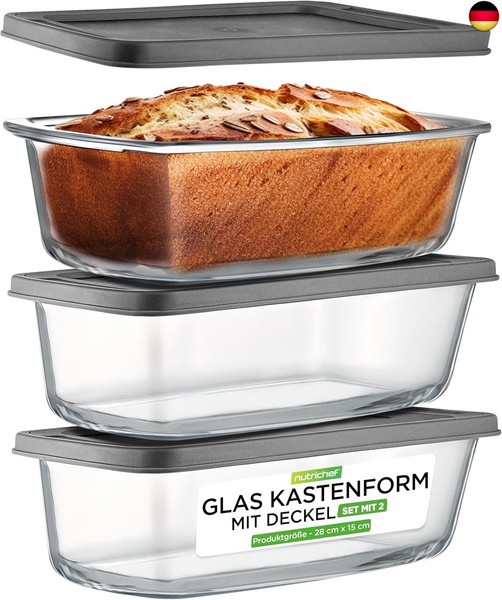 Nutrichef Glas Brotbackform Mit Deckel 3Er Set 1,8 L – Borosilikat Kastenform L-image