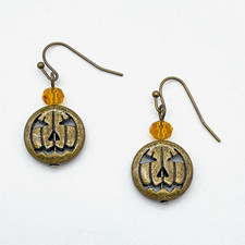 Bronze Tone Jack-O-Lantern Hook Earrings Orange Glass Bead Artisan Halloween