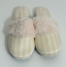 Victoria's Secret Signature Stripe Faux Fur Slippers Pink White NWT Size M