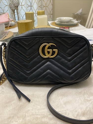 Gucci GG Marmont Quilted Black Leather Mini Shoulder Crossbody Bag Authentic