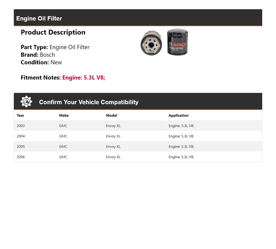 Filtro de aceite Bosch Premium 2004 2005 para GMC Envoy XL 2003-2006 5,3 L V8 Foto 2 de 3