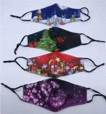 4 pack CHRISTMAS HOLIDAY SCENES DECOR REUSABLE WASHABLE COTTON MASK w filter
