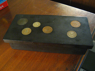 Mid Century 1960's Embedded Antique Coins Lid Box - Black Wood Laminate Trinket