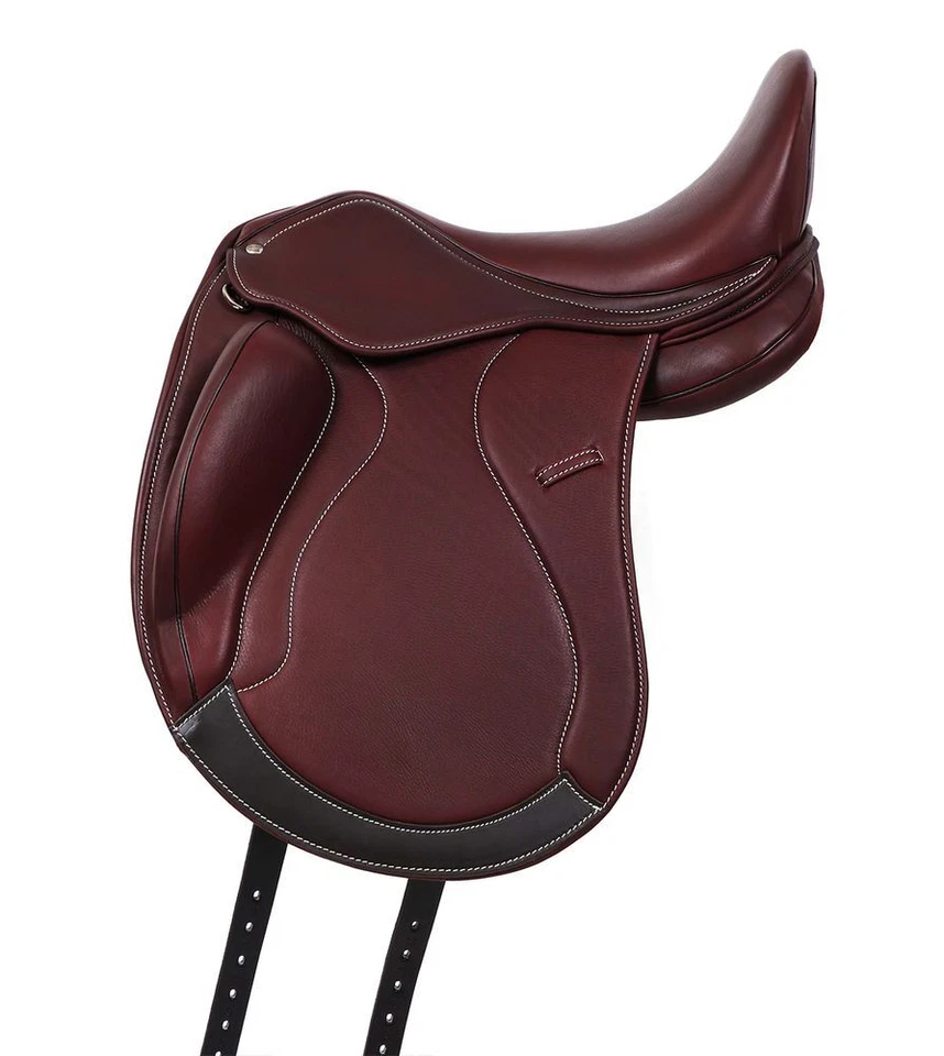 Selle de dressage Chester en cuir, plaque d'arçon interchangeable, rouge/brun - Photo 2/4