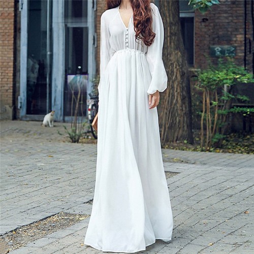 Women V-neck Long Sleeve Chiffon Maxi Dress Summer Casual Bohemian White Dresses - Picture 3 of 8