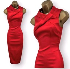 Karen Millen UK 8 Knot Neck Scarlet Red Satin Wiggle Pencil Occasion Dress