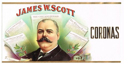 CIGAR CAN LABEL VINTAGE C1900 JAMES SCOTT PUBLISHER CHICAGO HERALD NEWSPAPER MAN