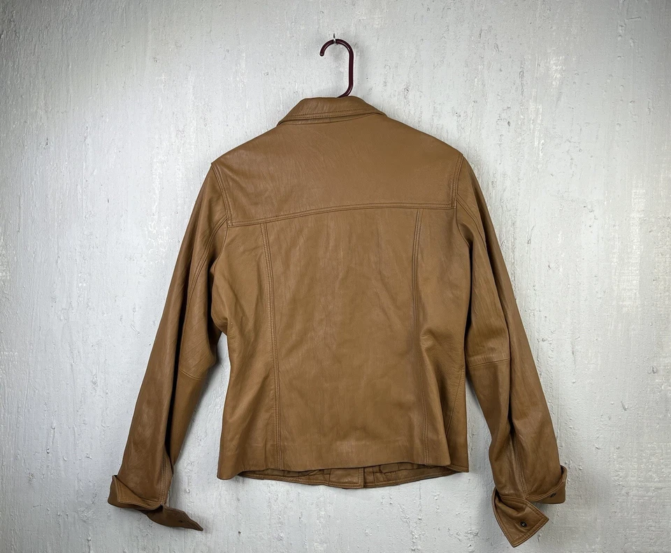 Chaqueta para mujer Brandon Thomas de cuero tostado camel forrada con botones grande con botones Y2K Foto 2 de 4