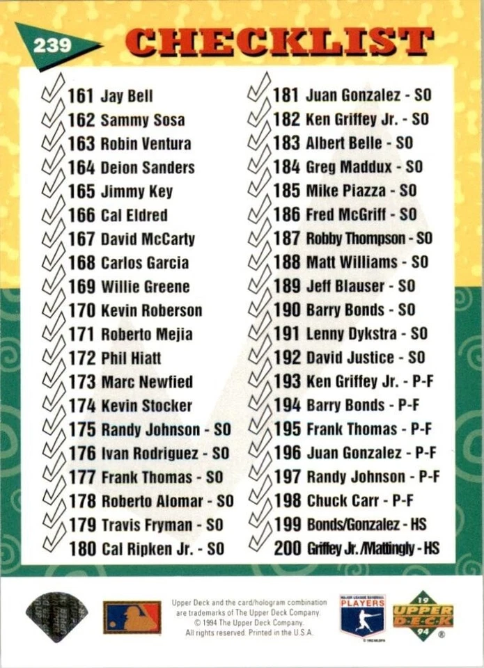 1994 Upper Deck Fun Pack #239 Checklist Tim Salmon - Image 2 of 2