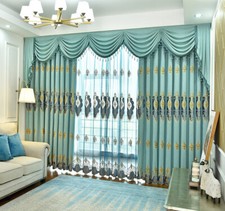 luxury European pastoral embroidery blue valance cloth curtain tulle M1335