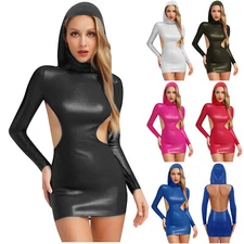 iiniim Womens Bodycon Dresses Wet Look Sexy Backless Hooded Hip Tight Mini Short