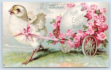 1907 Fond Easter Wishes Postcard- Baby Chick Pulling Egg Cart w/ Pink Roses