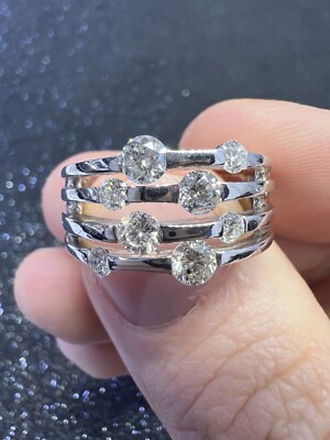 14K White Gold Round Diamond Crossover Ring Floating Diamond Segmented Diamond