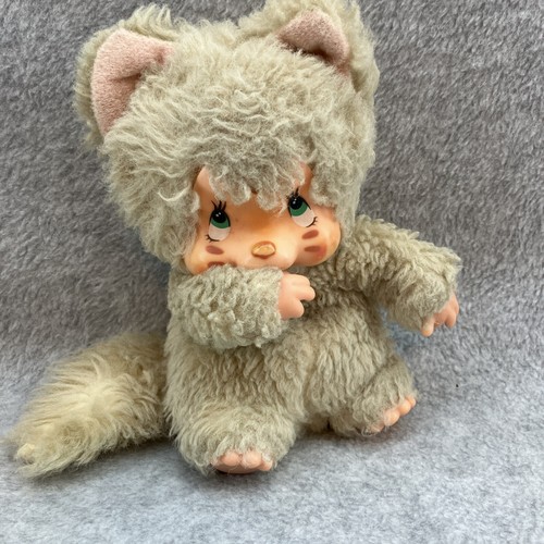 1979 Nyamy Gray Kitten Cat Washino Monchhichi Green Eyes Kitty Thumb Sucker