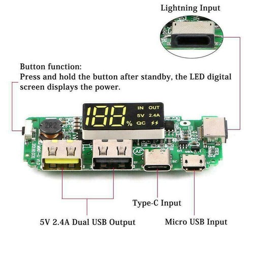 Banco de Alimentación Móvil LED Doble USB 5V 2.4A Micro/Tipo-C USB 18650 Módulo de Carga - Imagen 4 de 9