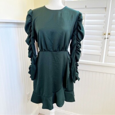 AX Paris NWT Dark Teal Long Ruched Sleeves Skater Dress Women's US Size 8