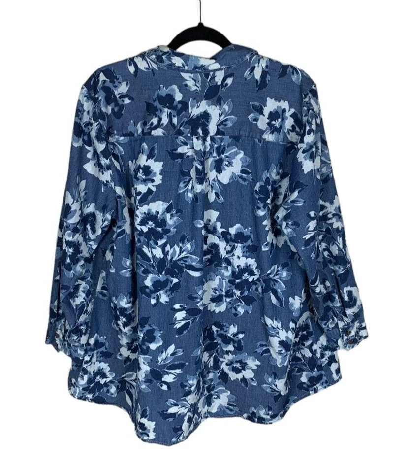 Camisa Isaac Mizrahi Live Azul Floral Manga Larga Botón Delantero Dobladillo Alto-Lo Talla 22W Foto 2 de 4