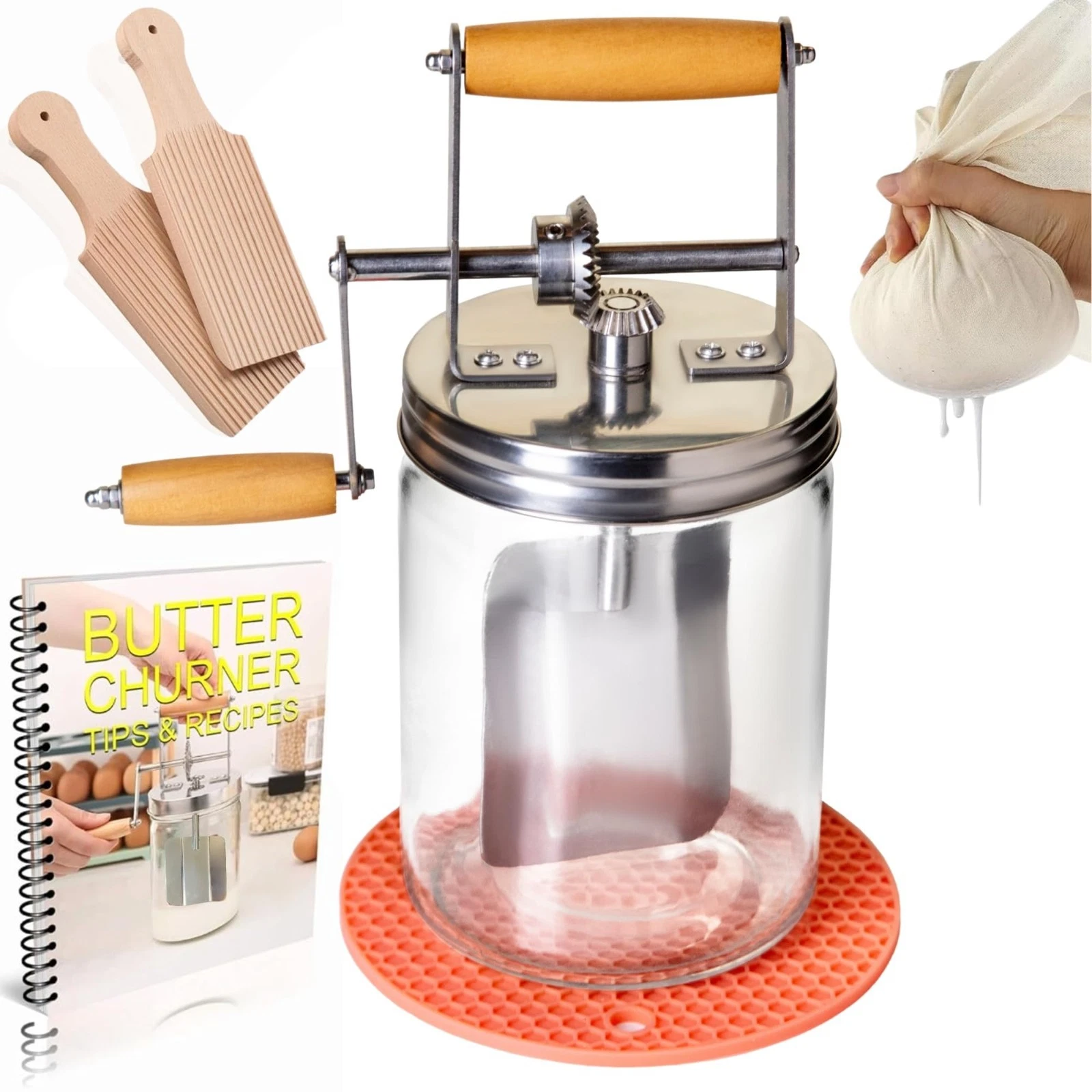 Dazey Hand Crank Butter Churner with Cheese Cloth and Recipe Book
