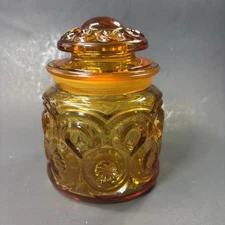 Vintage L.E. Smith Amber Moon & Stars Glass Canister w/ Lid – 5.5″ Tall