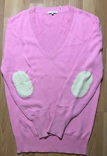 Minnie Rose Pink V Neck Cashmere Sweater With Elbow Patch Detail Size XS
