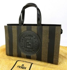 Borsa tote bag originale FENDI marrone e nero a righe Zucca in tela e pelle #...