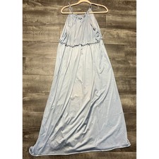 Vintage Light Blue Nylon Ruffle Halter Maxi Nightgown Empire Waist Sleepwear