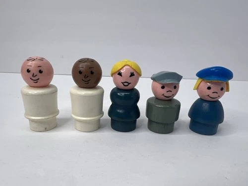 Lot of 5 Vintage Fisher Price Little People Figures Wood & Plastic Body VTG
