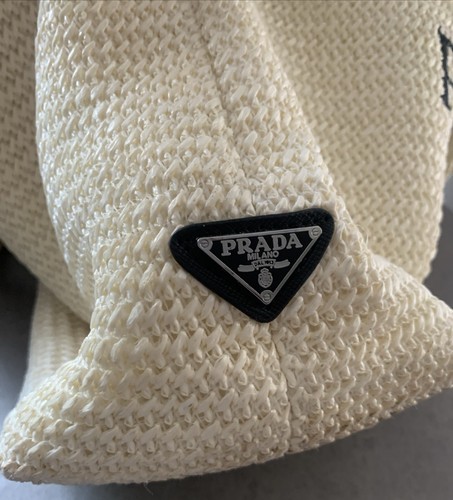 Prada Womens Woven Raffia Straw Tote Bag Embroidered Logo 11.5 x 16 Inches - Picture 7 of 11