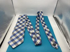 Drake's Navy Blue White Plaid Silk Tie Necktie