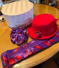 Red Hat Society Hat set w/ hat box Scarf &Hair Clip